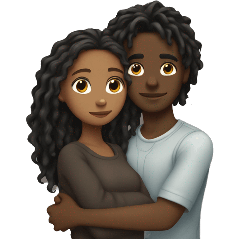 Brown girl with wavy hair hugging black boy who has dreads  emoji