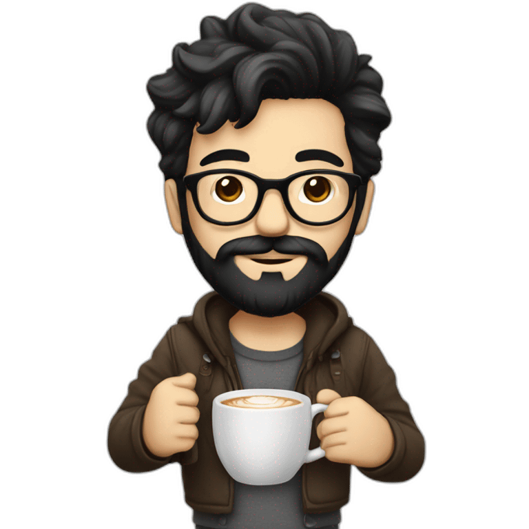 Hipster with black hair, beard and glasses drinking cappuccino   emoji