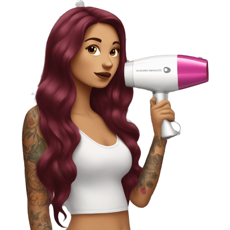 Beautiful tattooed  burgundy long haired woman blow drying her hair emoji