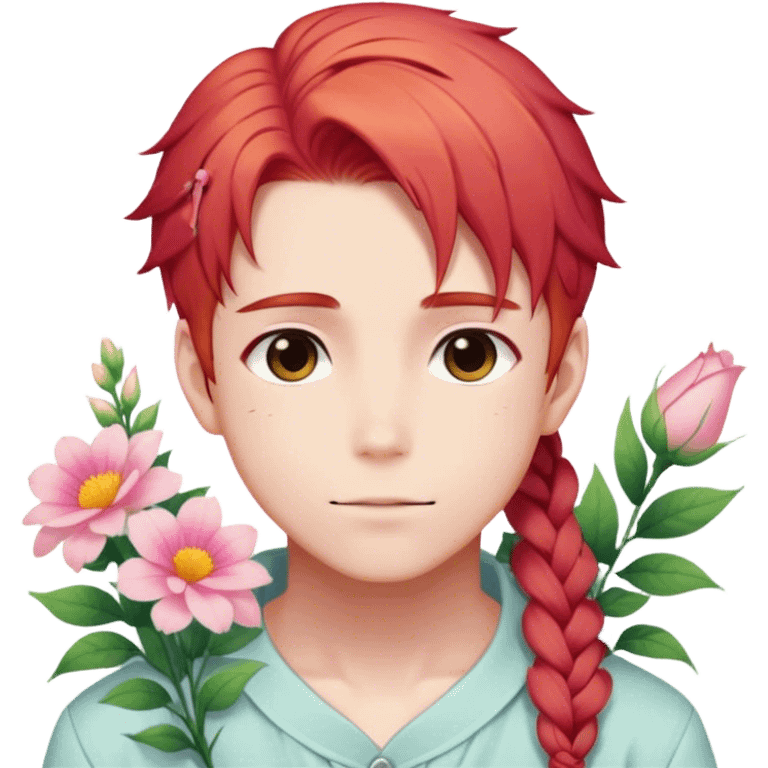 Gorgeous pastel red hair with a thin braid on the side anime style shojo guy with blushing face and flowers aesthetic trending style outside emoji