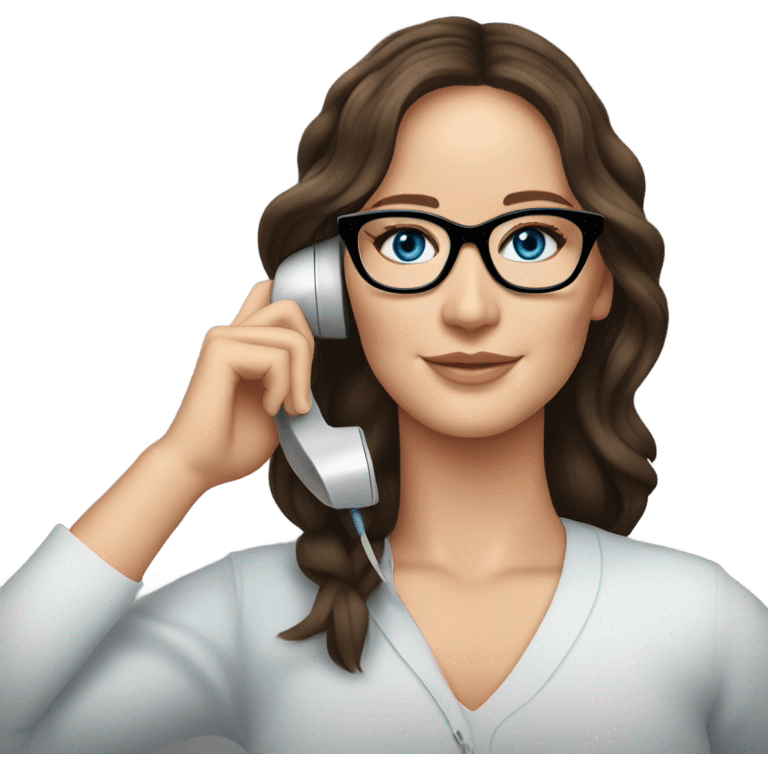 Photo of Brunette Jennifer Lawrence wearing black glasses and blue eyes talking on the phone  emoji