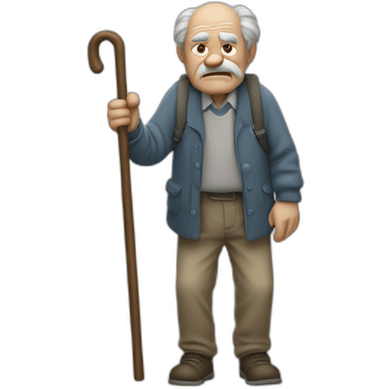 Old man leaning on a walking cane and holding his back with his hand grumpy face, detailed emoji