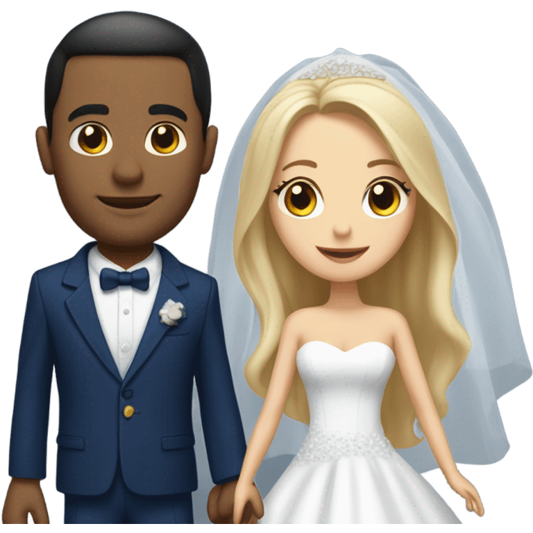 Puerto rican beard short hair with blue hat and navy blue suit getting Married with blond long hair girl with white  wedding dress  emoji