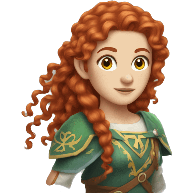 a white girl with long red curly hair and freckles, cosplaying Zelda emoji