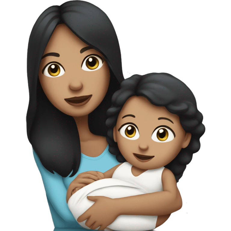 mom holding newborn baby girl with blue eyes white skin black hair and white skin emoji