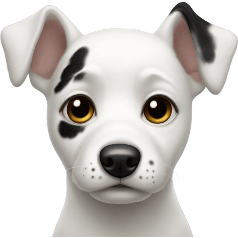 White dog with black patch eyes and ear emoji