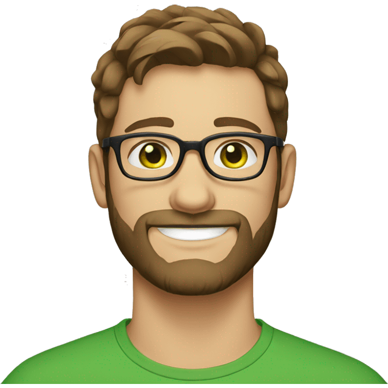 A man in his twenties, brown hair, brown beard, green eyes and wearing glasses, white skin emoji