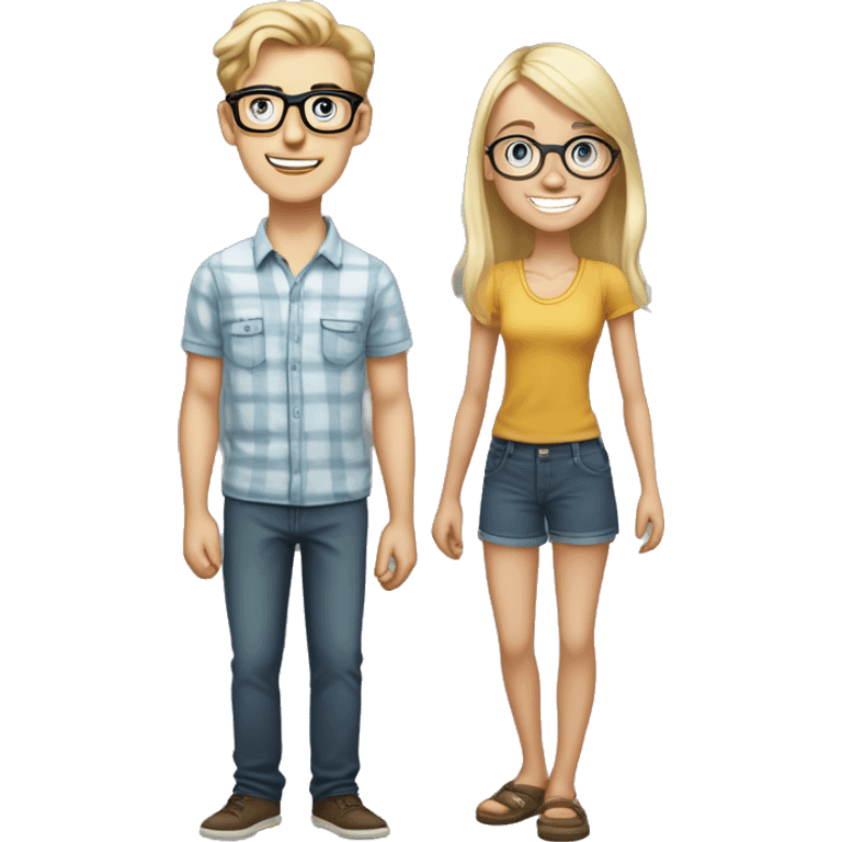 nerdy, skinny white blond guy in his mid-20s with glasses and braces, standing behind a shorter girl, smiling menacingly. emoji