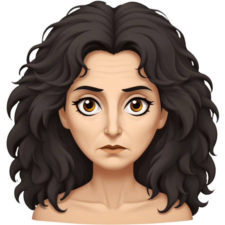 Mirri Maz Duur is a weathered, age 50 woman with deep-set dark eyes, high cheekbones, and a sharp nose, giving her a stern, knowing expression. Her long, unkempt dark frizzy hair  falls loosely over her shoulders emoji