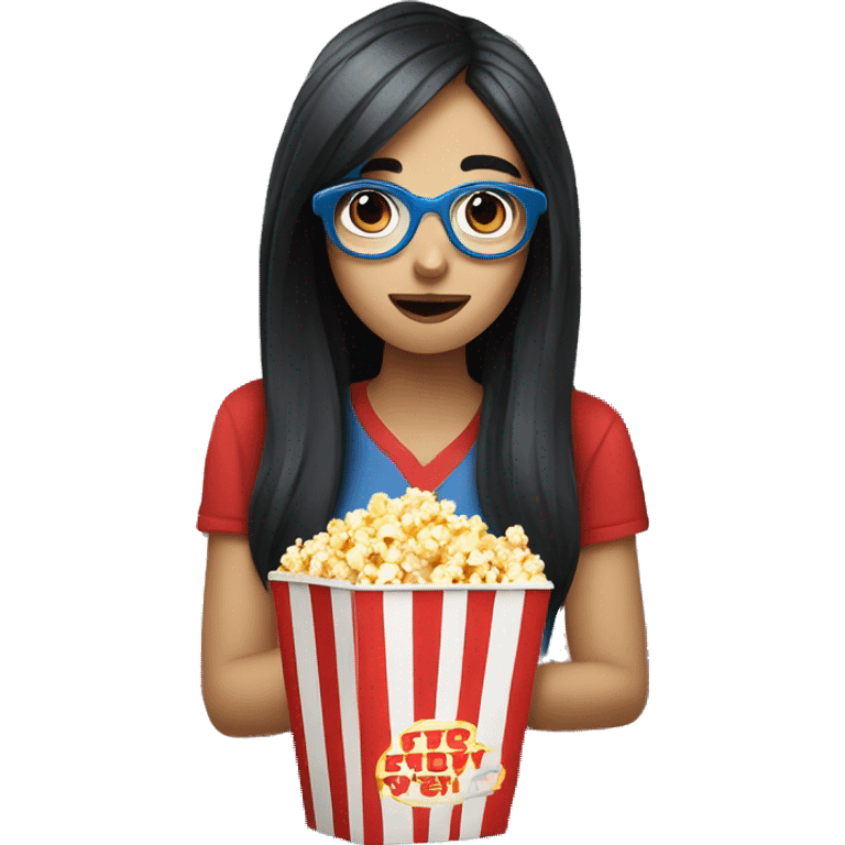 Pale girl with long black hair eating popcorn with red and blue glasses emoji