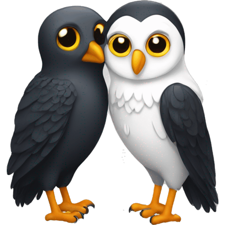 A White owl and a crow hugging  emoji