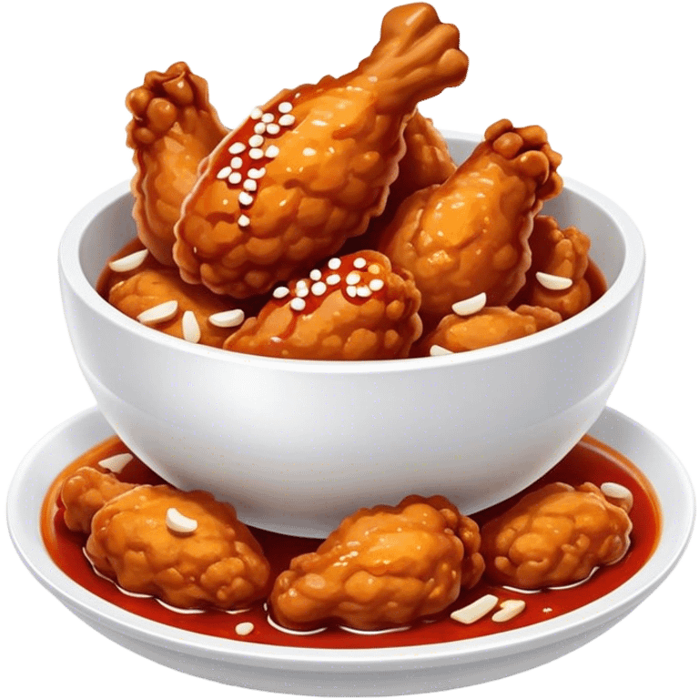 Korean Fried Chicken Cinematic Realistic Korean Fried Chicken Dish Emoji, depicted as bite-sized chicken pieces generously coated in a glossy, spicy sauce, in a bowl. emoji