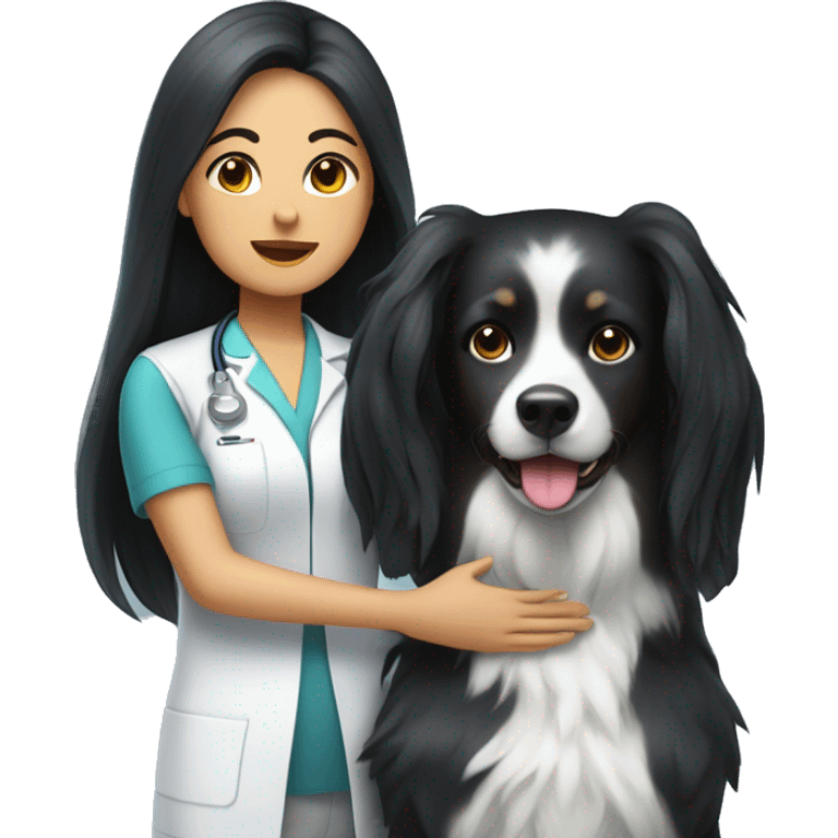 Veterinary woman with long black hair and a white streak on the front doing physical therapy on a dog emoji