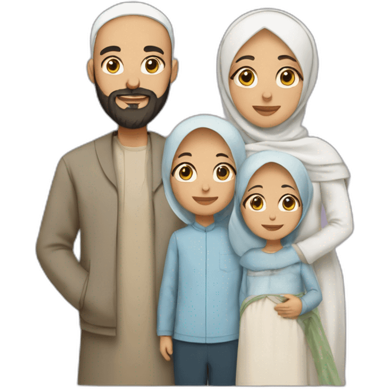 Muslim family with bearded and bald father , mother wearing hijab, two sons and one new born daughter emoji