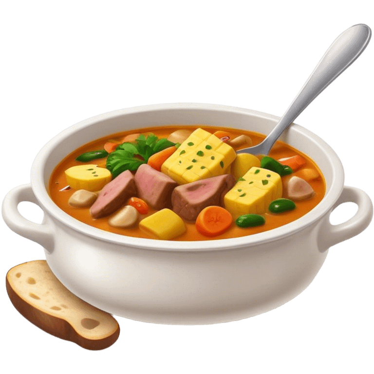 Cinematic Realistic Sancocho Soup Dish Emoji, featuring a rich, hearty stew with diverse meats and vegetables rendered with lifelike detail and warm, comforting lighting. emoji