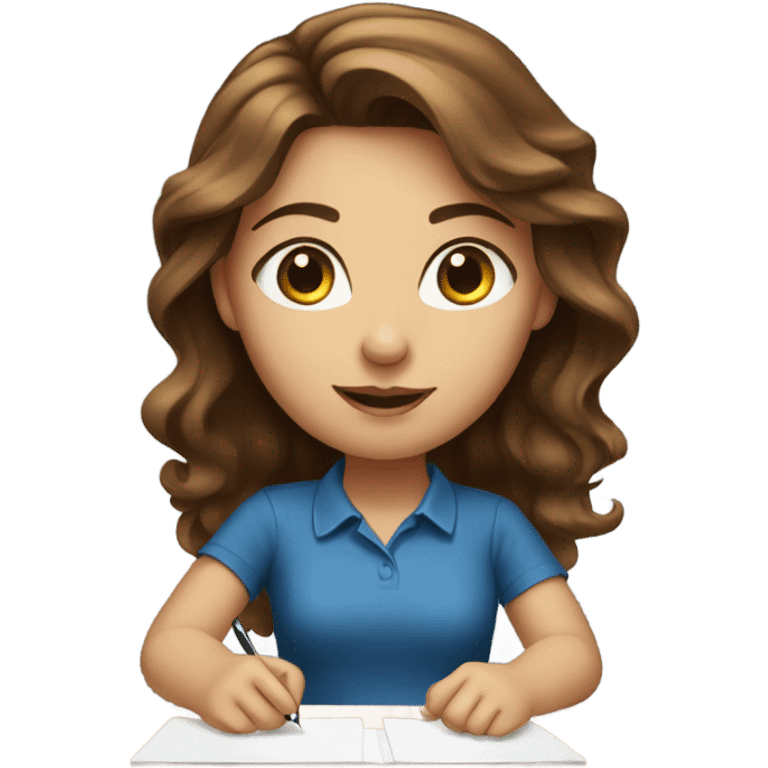 Pretty girl brown hair blue eyes on desk emoji