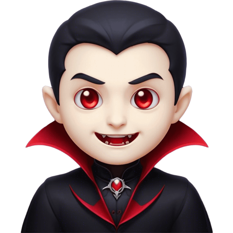 Cinematic Cute Vampire Portrait Emoji, with a refined yet playful small, rounded pale face accented by tiny, cute fangs and bright, twinkling eyes, sporting miniature elegant dark attire with a hint of crimson, simplified yet irresistibly charming, highly detailed with a soft glowing outline that captures the delightful duality of spooky sweetness and stylish allure! emoji