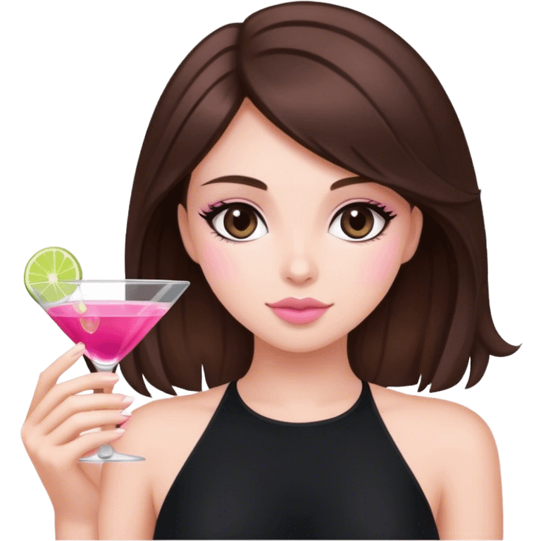 brunette hair down girl black top holding a pink cosmo emoji