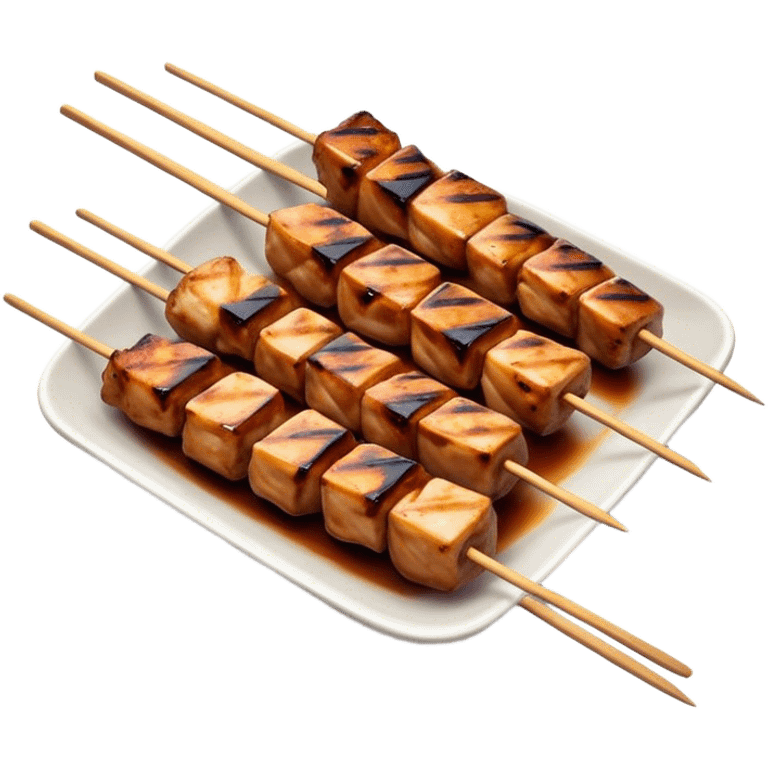 Cinematic Realistic Yakitori Dish Emoji, depicted as skewered, grilled chicken pieces with a charred finish rendered with crisp textures and appetizing, natural lighting. emoji