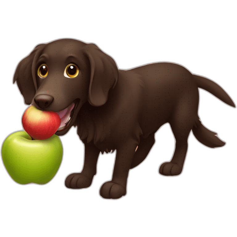 Brown flat coated retriever eating an apple emoji