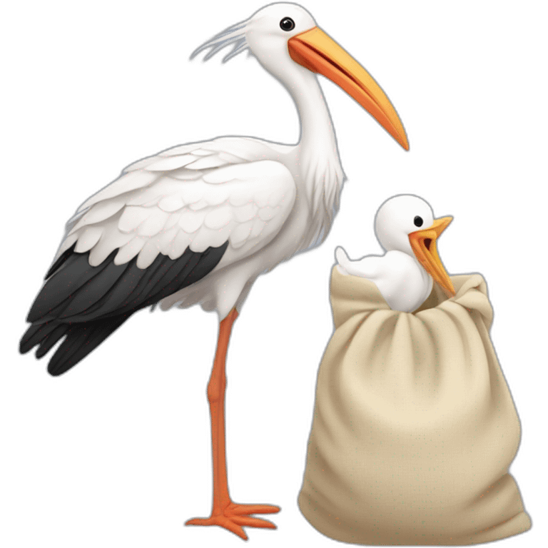  white stork carrying a bundle of cloth in its beak that has a human baby with dark hair and the baby face is peeking out from the cloths bundle the strok is carrying emoji