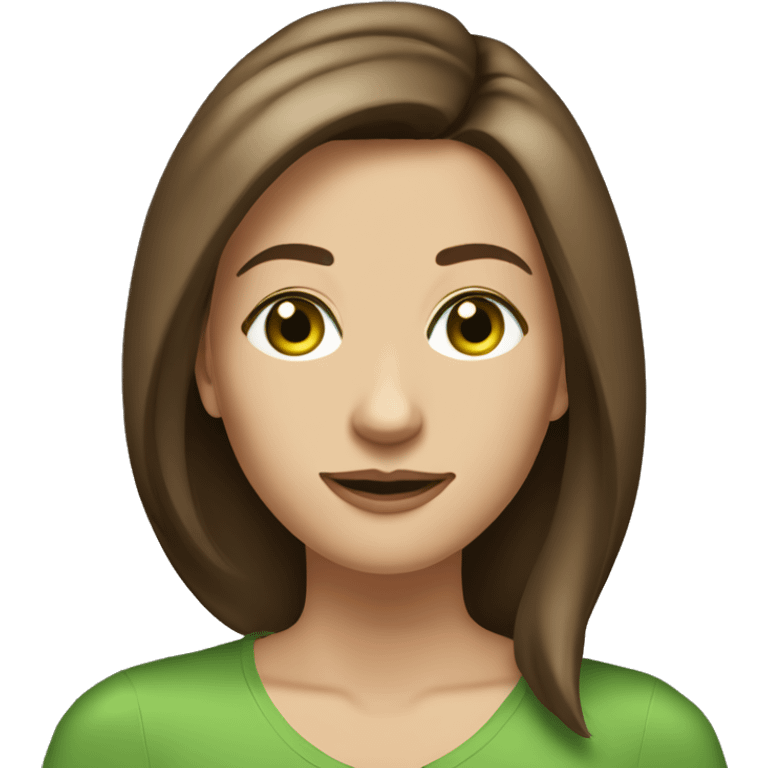 very pretty middle age woman with grass green eyes and shoulder length straight brown hair parted in the middle  emoji