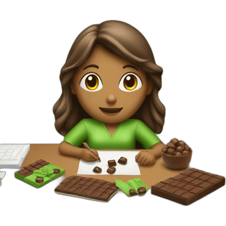 Girl with sitting at a desk wrapping chocolate candies with solid green background emoji