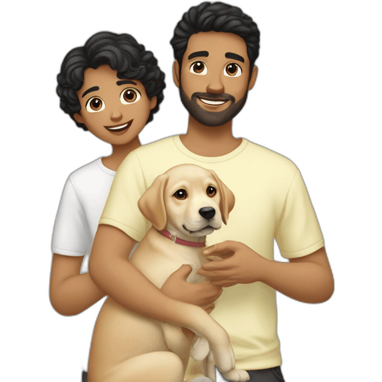 gay-couple,-1-guy white straight blackhair australian-and-1-australian-white-guy-with-blackhair-slightly-curly-holding one light yellow labrador retriever puppy one labrador retriever puppy emoji