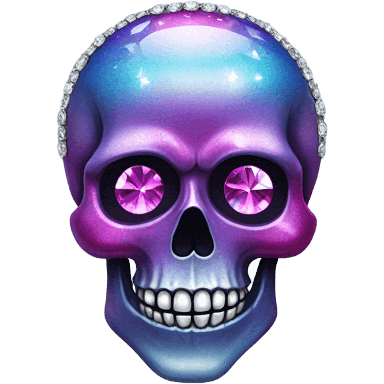 Realistic isolated pretty metallic magenta ,light blue,and dark purple ombre decorative filigree Skull with shiny diamonds and rhinestones on it. emoji