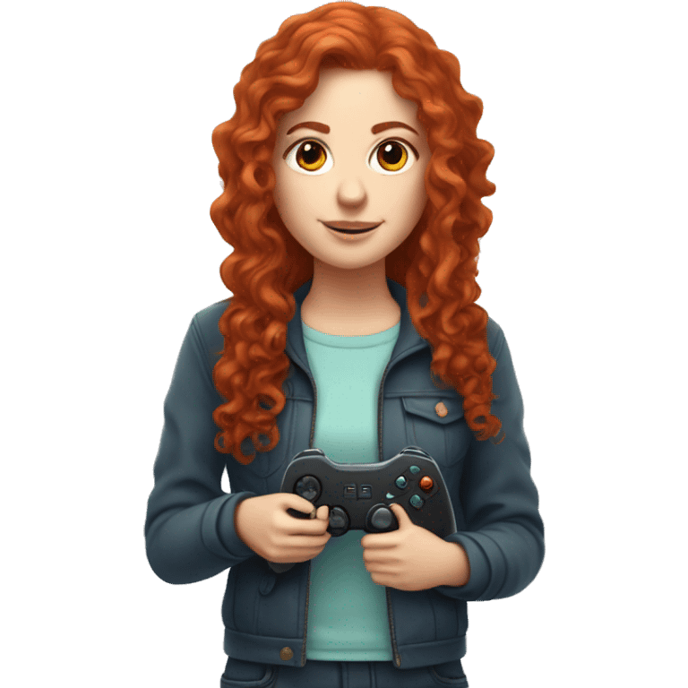 a white girl with long red curly hair, holding a controller emoji