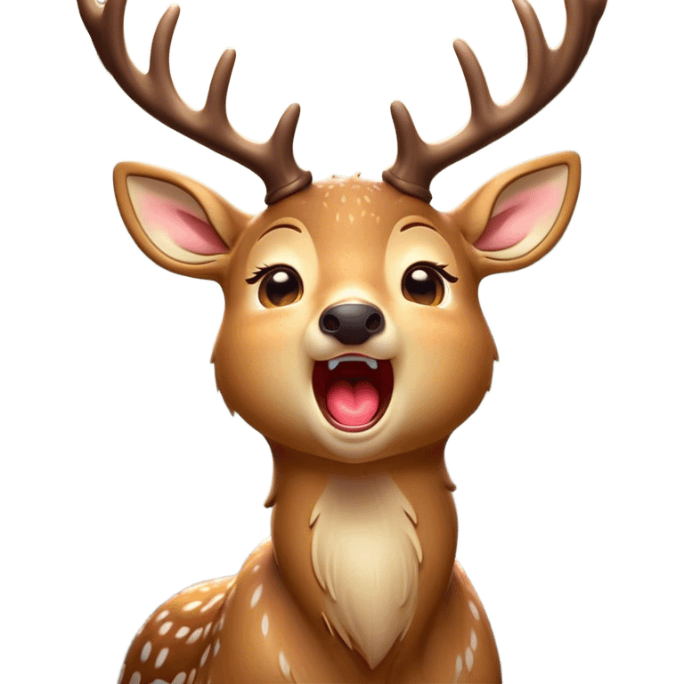 Cinematic Cute Yawning Deer Portrait Emoji, Head tilted slightly with a dramatic, wide-open yawn, revealing a soft, dappled coat and elegantly drooping ears, eyes barely open in drowsy contentment, Simplified yet irresistibly adorable features, highly detailed, glowing with a soft, cozy glow, high shine, relaxed yet expressive, stylized with a touch of natural whimsy, bright and endearing, soft glowing outline, capturing the essence of a sleepy yet affectionate deer, so drowsy it feels like it could stretch right out of the screen and curl up for a nap! emoji