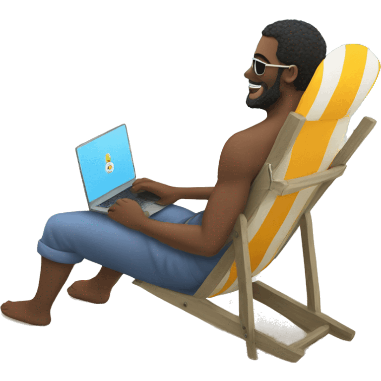 Man on deck chair with laptop on his knees, beach emoji