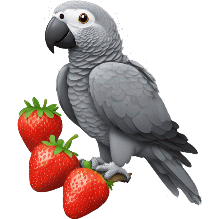 African grey parrot eating a red strawberry emoji