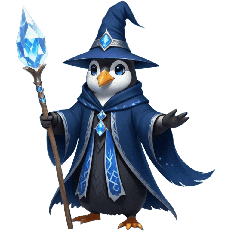 A mysterious penguin mage with sleek midnight-blue feathers, wearing a flowing black robe adorned with silver runes. A tall, pointed wizard hat sits slightly tilted on his head, the brim casting a shadow over his glowing icy-blue eyes. His flipper clutches an ancient wooden staff topped with a swirling crystal, radiating a soft, cold light. Snowflakes drift around him as he stands on a frozen cliff, his aura crackling with arcane energy, ready to summon a blizzard with a flick of his staff. emoji