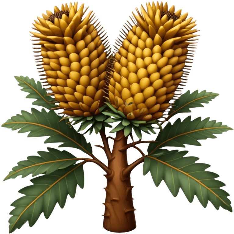 Cinematic Realistic Banksia Emoji, Bold and striking, with spiky, cylindrical flower heads covered in rich golden hues. The leaves are thick and leathery, adding a sense of strength to this unique and iconic tree. Soft glowing outline, capturing the essence of Australian ruggedness and floral beauty in a distinctive banksia tree! emoji