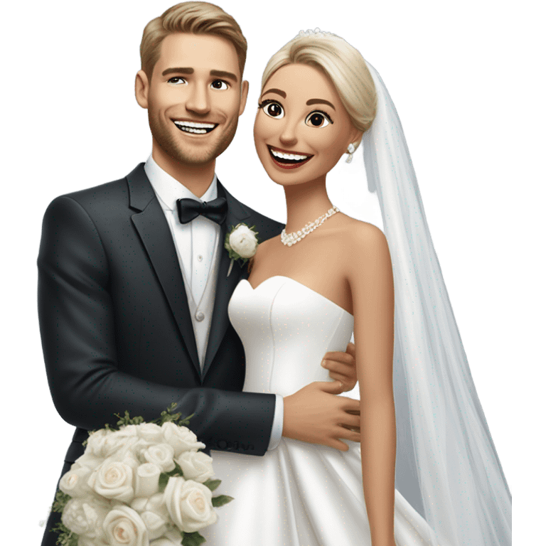 Hyper Realistic beautiful dior bride laughing with a handsome male model groom
 emoji