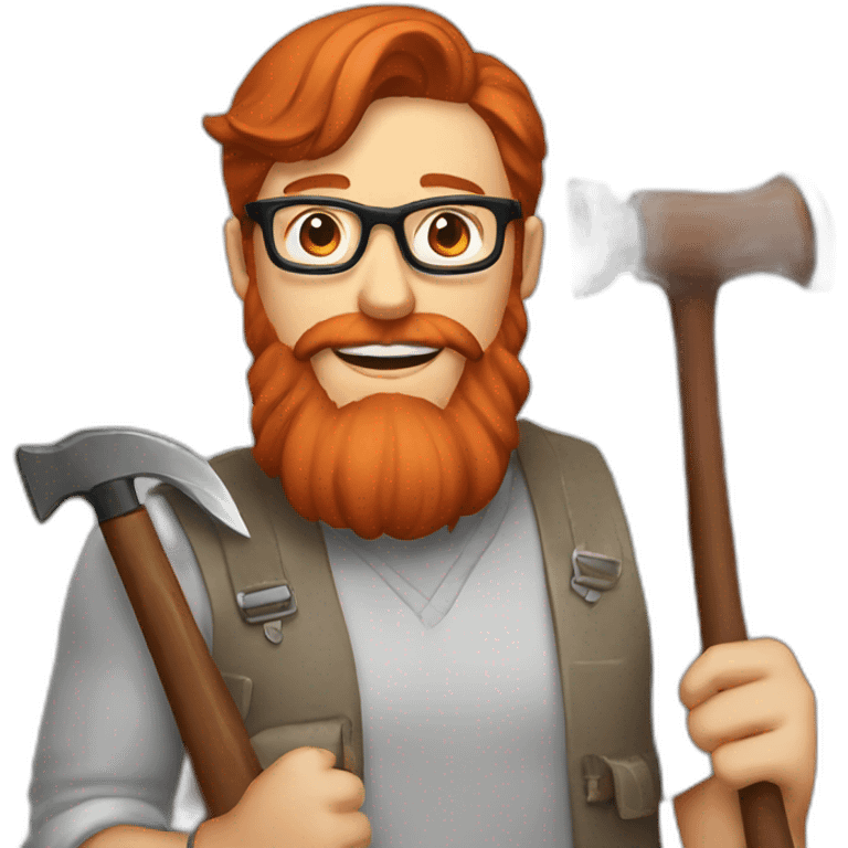 Red smooth haired man with beard and glasses repairing a saddle with hammer emoji