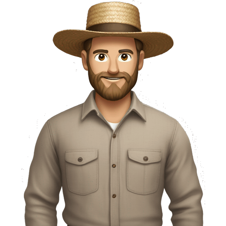 Amish brown straw hat and small beard without mustache white skin brown button down shirt whole body building a building one photo  emoji