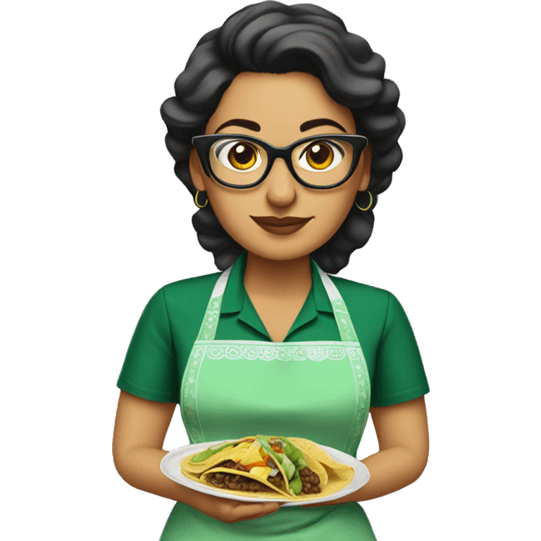 mexican lady green apron  with glasses cooking tacos emoji