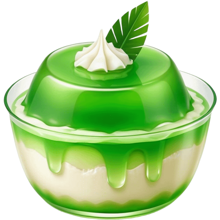 Cinematic Realistic Coconut Pandan Jelly Dessert Emoji, showcasing a delicate, translucent jelly infused with coconut and pandan rendered with lifelike detail and soft, tropical lighting. emoji