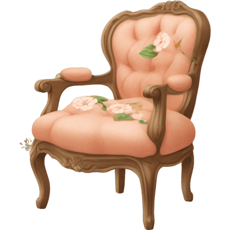 Vintage French chair with Mongolian peach, curly fur on the seat and a vintage peach and white floral on the top in a natural wood frame emoji