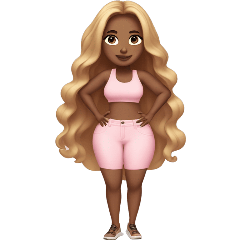 social media influencer with long hair, curvaceous body and light pink clothing emoji