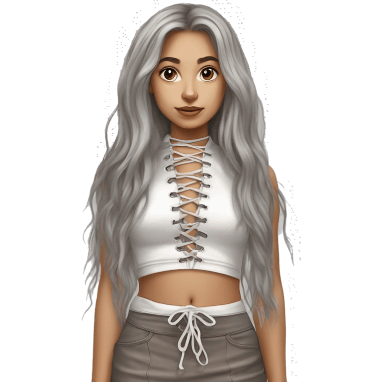 caucasian straight long haired brown, white plush lace up crop top, tight grey mini skirt, hyperrealist drawing emoji