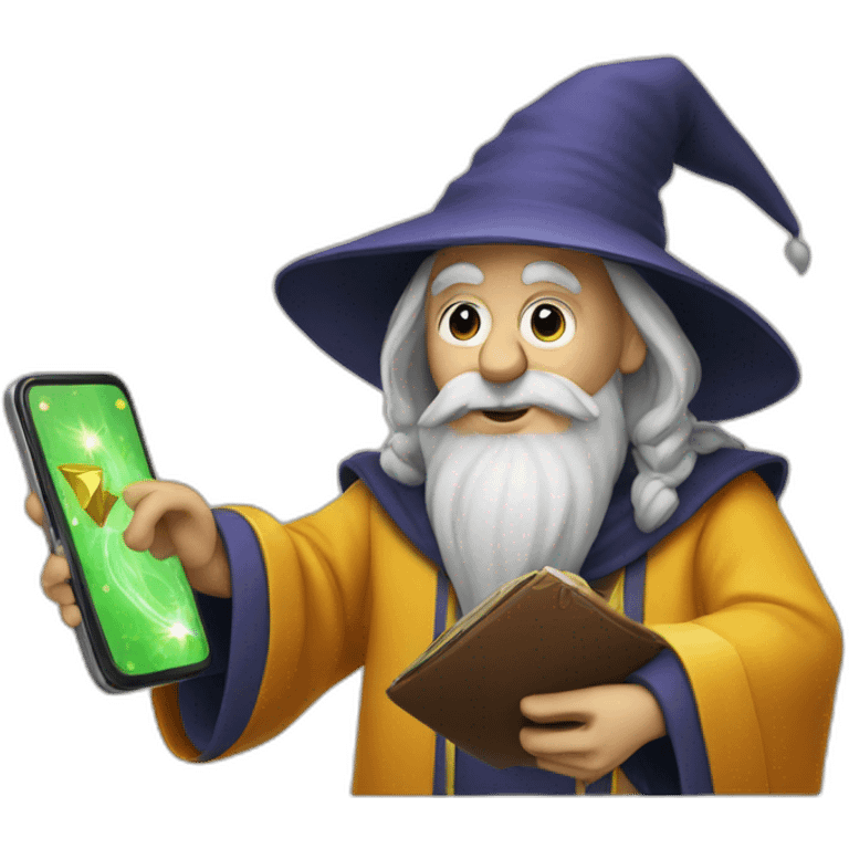 Wizard using cellphone and it has a Oz on it emoji