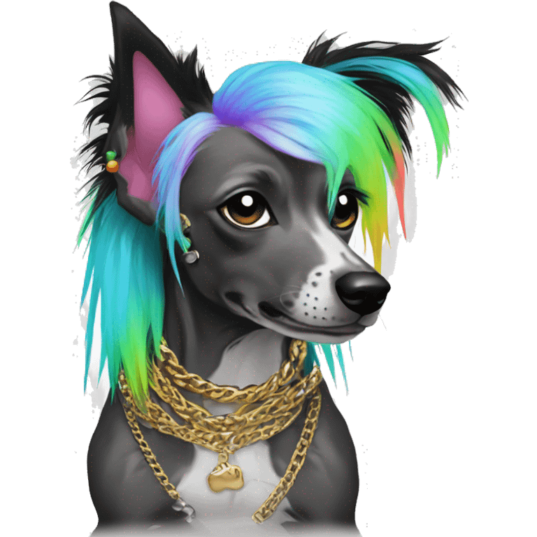 Punk Chinese crested dog neon rainbow hair gold chain punk piercings tattoos punk ear piercings emoji