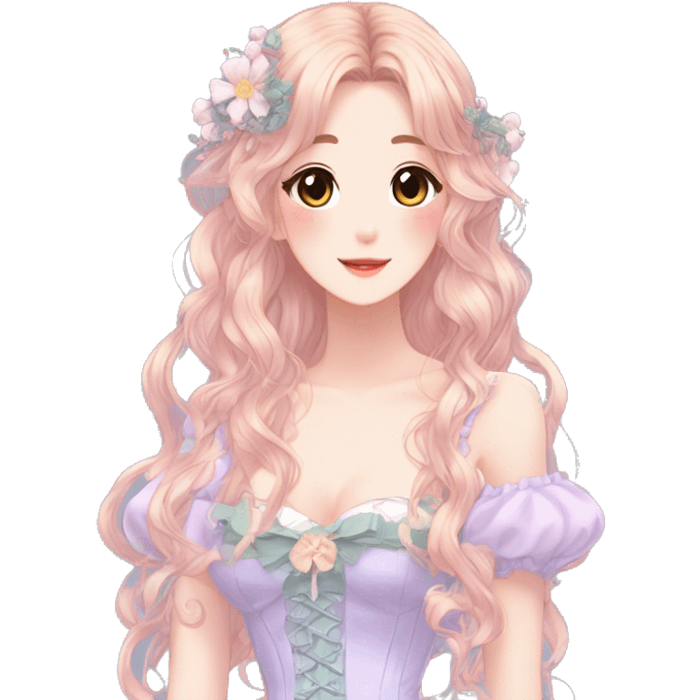 gorgeous pretty attractive anime lady beautiful hair with gorgeous dress fairycore cottagecore pastelcore detailed high quality trending VOGUE aesthetic emoji