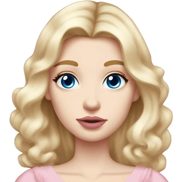 girl blonde hair pale skin blue eyes. Pink lips blush skinny nose siren eyes (model face). blowout with long hair. light pink dress, puffed sleeves, dainty choker necklace (think Versailles but not too much).  emoji