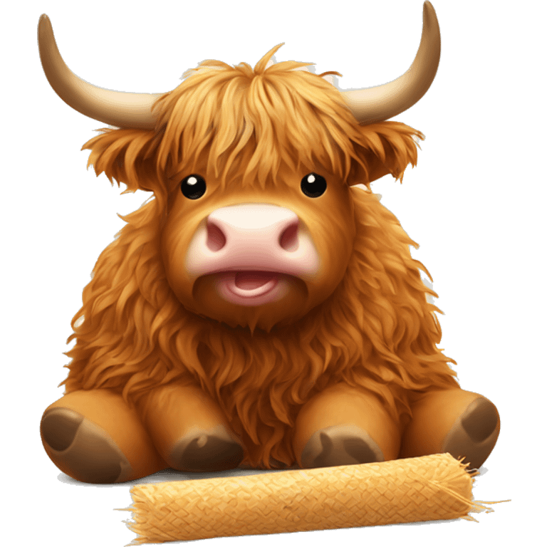 Mini highland cow we eating a beanie sitting with straw in its mouth emoji