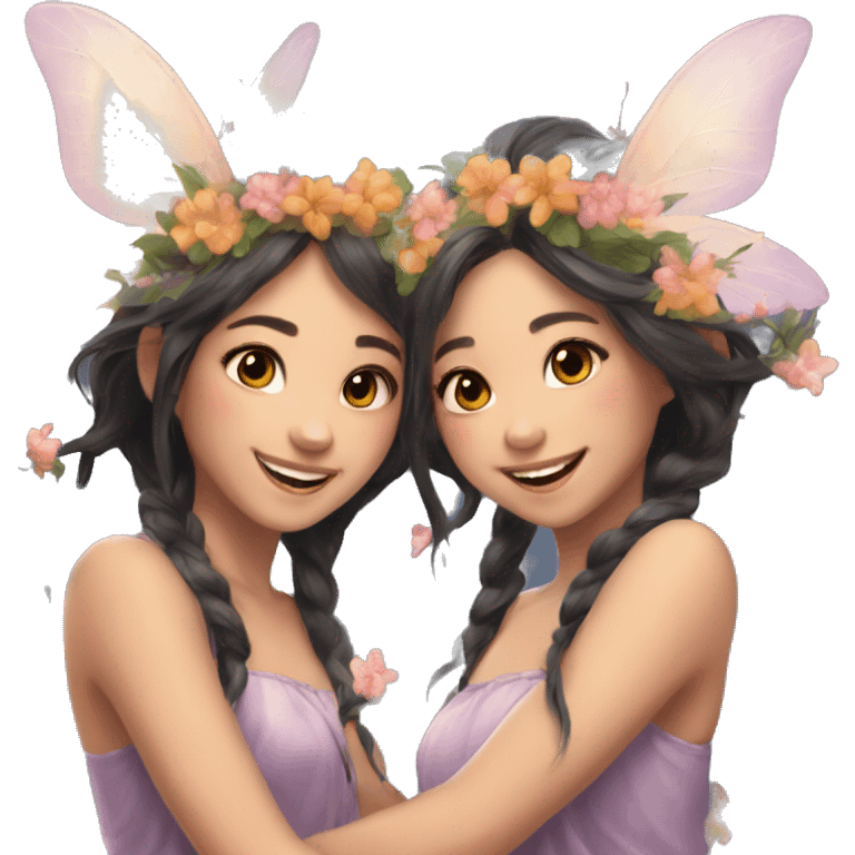 two fairies flying, beautiful, flowers in hair, smiling, aesthetic,asian girls emoji