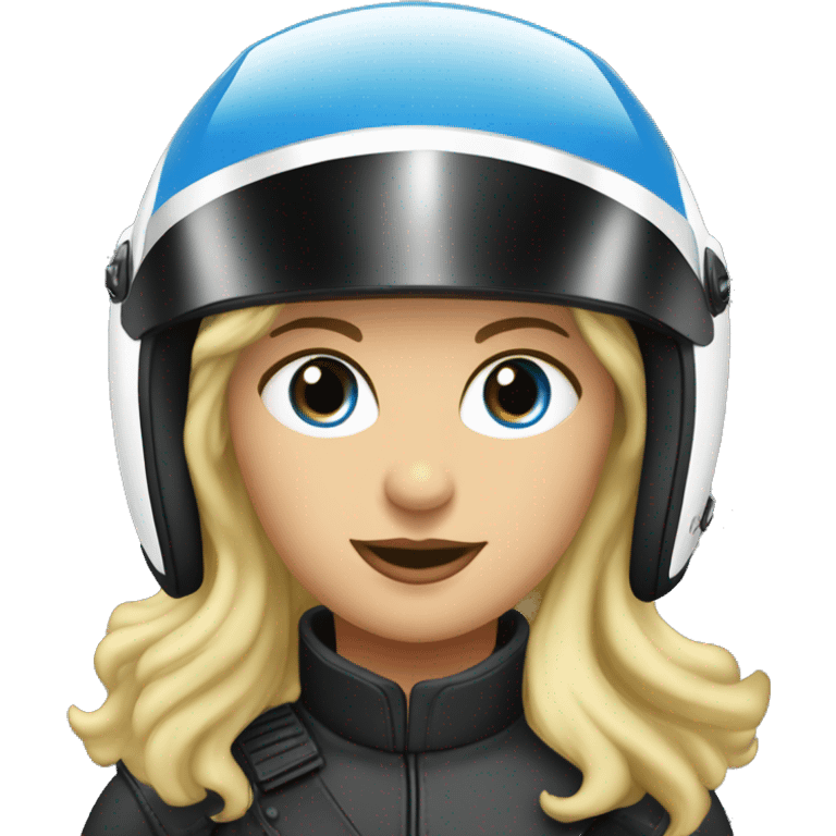 blond lady, 50 years, blue eyes on motorcycle bmw gs 700, wearing helmet emoji